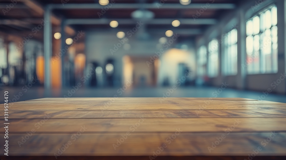 Empty table top with a blurred gym interior Empty table top with a blurred gym interior