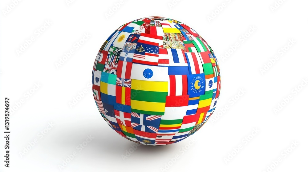 Globe covered with international flags sits against a blank white background casting soft shadow Globe covered with international flags sits against a blank white background casting soft shadow