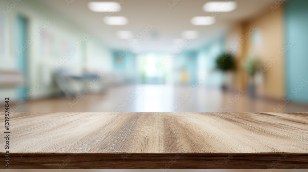Empty table top with a blurred hospital interior Empty table top with a blurred hospital interior