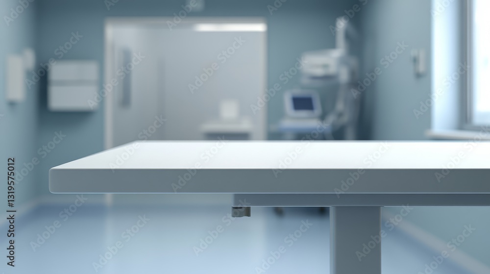 Empty table top with a blurred hospital interior Empty table top with a blurred hospital interior