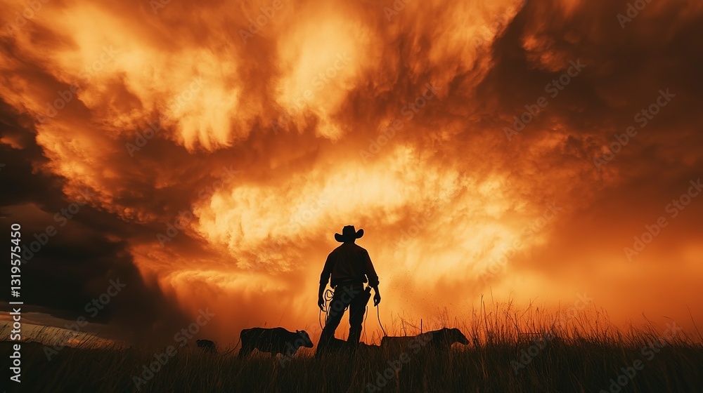 Fototapeta premium Cowboy lassoing cattle against a stunning evening sky with dramatic clouds