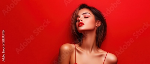 Wallpaper Mural A woman with red hair and red lipstick is standing in front of a red wall Torontodigital.ca