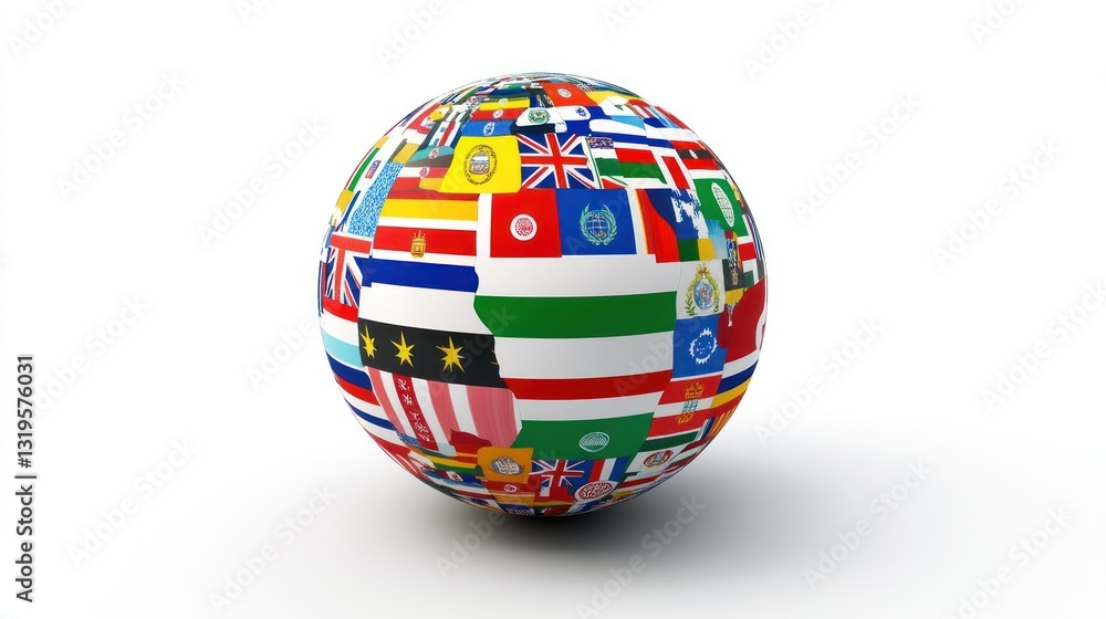 Flags of many countries wrap a sphere. White isolated background. Global representation Flags of many countries wrap a sphere. White isolated background. Global representation
