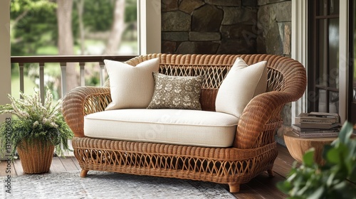 A classic rattan loveseat, its woven frame adorned with a plush cushion, exuded a timeless charm and elegant design, inviting relaxation and comfort in any living space. photo