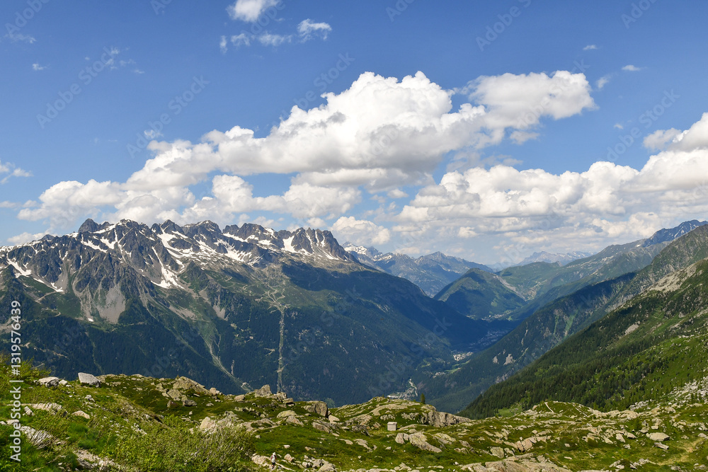 Panoramic view from the Plan de l'Aiguille (2317 m) in the Mont Blanc massif, with the Chamonix valley and the Aiguilles Rouges, Haute Savoie, France Panoramic view from the Plan de l'Aiguille (2317 m) in the Mont Blanc massif, with the Chamonix valley and the Aiguilles Rouges, Haute Savoie, France