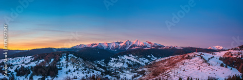 Obraz na płótnie Panoramic view of Belianske Tatras mounains at sunrise seen from Slovakia in Osturnia region w salonie