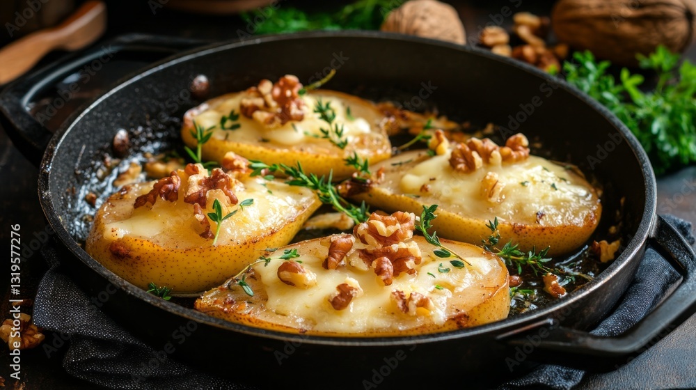 Richly baked pears are elegantly presented in a skillet, adorned with luscious cheese, crunchy walnuts, and fragrant thyme. A perfect dish for a warm gathering Richly baked pears are elegantly presented in a skillet, adorned with luscious cheese, crunchy walnuts, and fragrant thyme. A perfect dish for a warm gathering