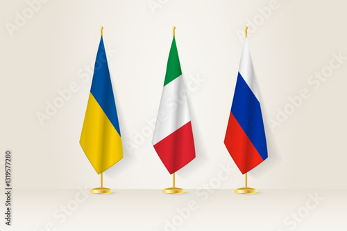 Diplomatic Meeting Representation, Ukraine, Italy and Russia Flags. Flags on Diplomatic Stands.