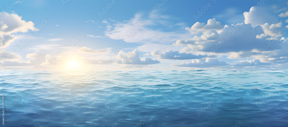 Naklejka premium Serene ocean landscape with calm blue water and a bright sky filled with soft clouds, illuminated by the gentle sunlight. Concept of tranquility, nature, and environmental beauty. 