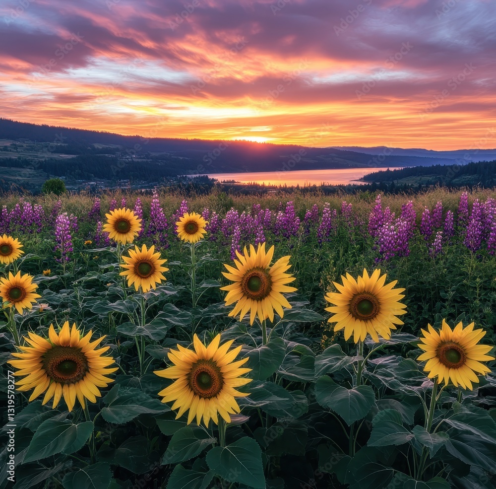Fototapeta premium Vibrant Sunflower Field Under Breathtaking Sunset with Colorful Wildflowers and Peaceful Lake in Background, Nature's Splendor Captured at Dusk