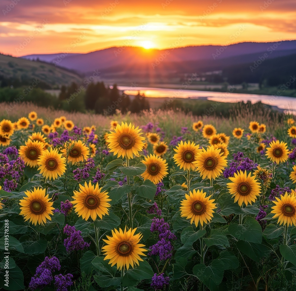 Obraz premium Vibrant Sunflower Field Under a Stunning Sunset with Mountains and Lake in the Background for Nature Lovers and Landscape Photography Enthusiasts