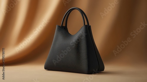 A sleek, black handbag, boasting a unique, asymmetrical design, stood majestically against a neutral backdrop, its minimalist silhouette exuding elegance. photo