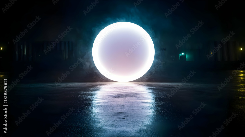 Obraz premium Glowing White Circular Portal Above Wet Concrete Floor at Night Reflecting Urban Cityscape with a Futuristic Dreamlike Atmosphere