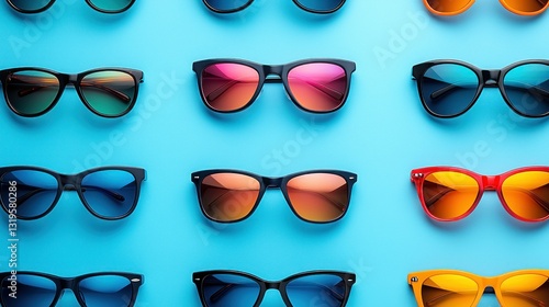 Colorful Sunglasses Arranged on Blue Background (3)