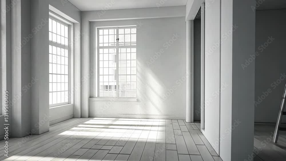 Modern minimalist interior with ample natural light illuminating wooden floors in an empty space
