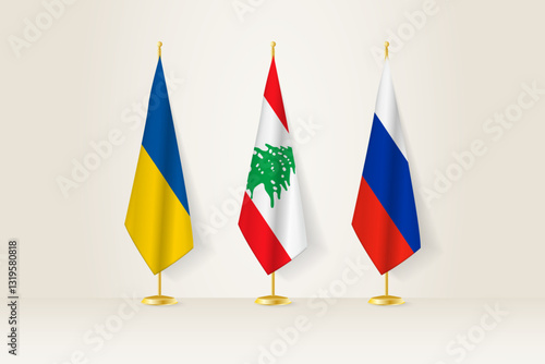 Diplomatic Meeting Representation, Ukraine, Lebanon and Russia Flags. Flags on Diplomatic Stands.