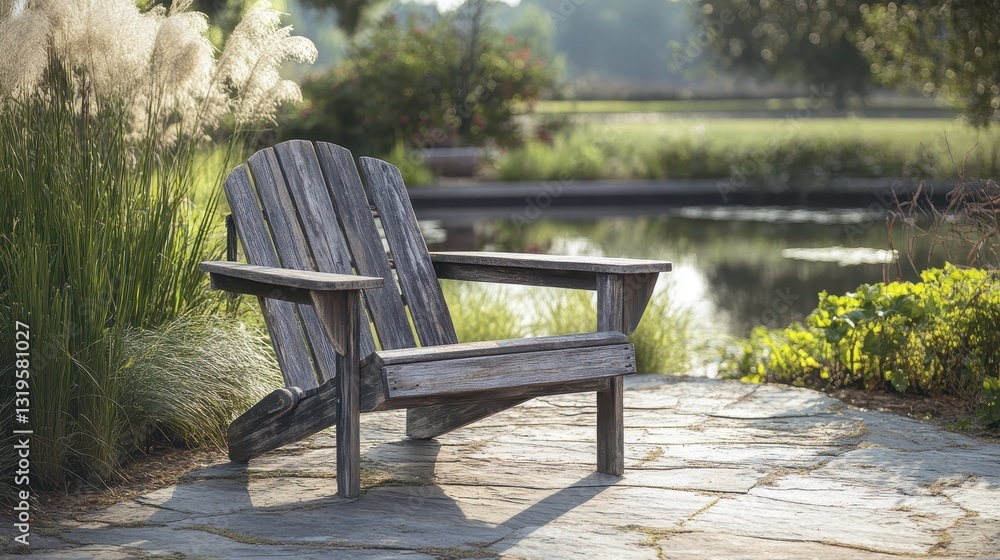 A handcrafted Adirondack chair, its weathered wood a testament to the enduring charm of nature, stands poised in a serene setting, inviting relaxation and comfort. A handcrafted Adirondack chair, its weathered wood a testament to the enduring charm of nature, stands poised in a serene setting, inviting relaxation and comfort.