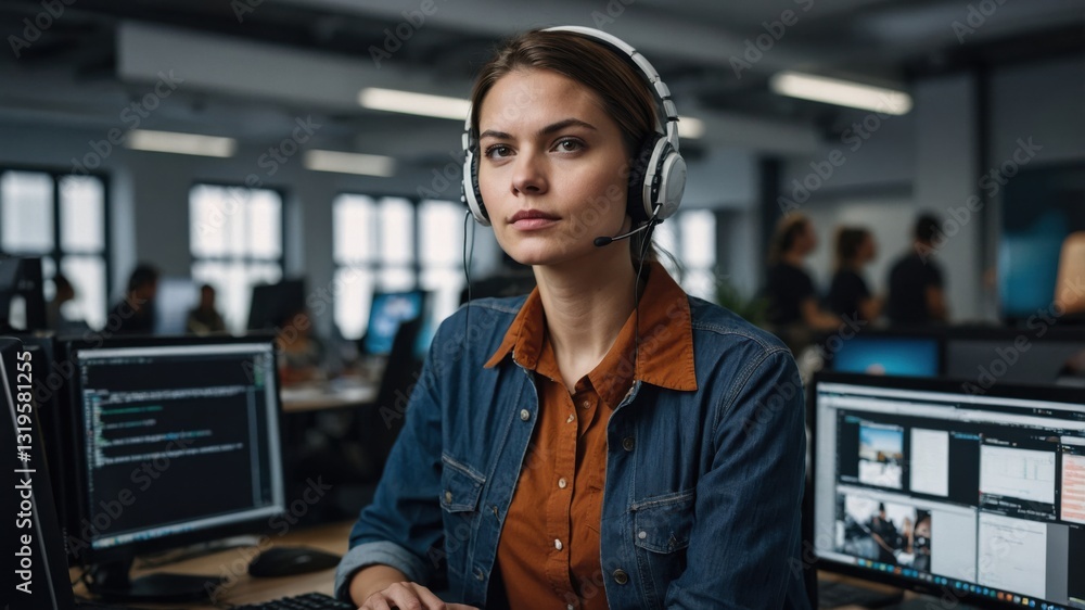 Fototapeta premium Focused woman wearing headset works in open office on computer, surrounded by monitors and coworkers.