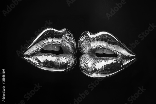 Two pairs of iridescent metallic lips kissing, touching, accentuated on dark, black background. Minimal creative concept of intimacy, sensuality, love making. Illustration. Black and white silhouette