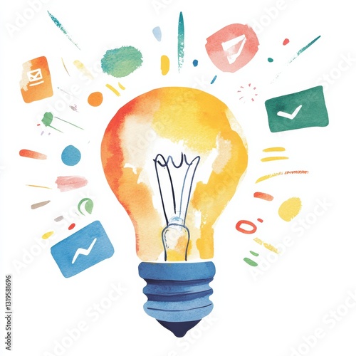 Watercolor Explosion of Ideas from a Light Bulb with Colorful Elements