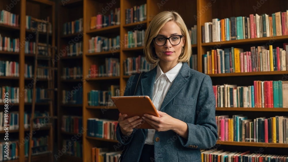 Woman with tablet in library. Bookcases with books in the background, wearing glasses and blazer. Woman with tablet in library. Bookcases with books in the background, wearing glasses and blazer.