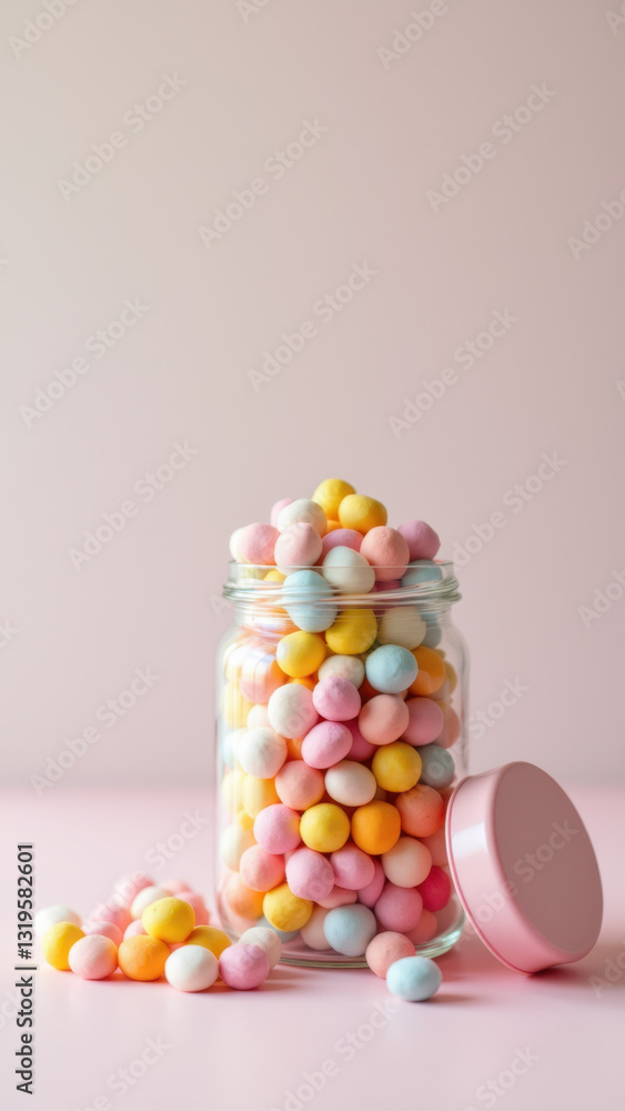 A clear jar filled with colorful dye-free candies on a pink surface. A clear jar filled with colorful dye-free candies on a pink surface.
