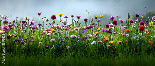 Vibrant Field Of Colorful Flowers With Green Grass In A Misty Landscape Under Foggy Sky Background