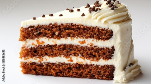 A slice of carrot cake, its moist crumb adorned with cream cheese frosting, stands majestically against a pristine white backdrop, its golden hue inviting viewers to partake in its delectable