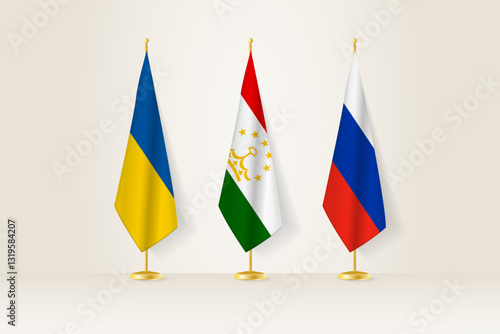Diplomatic Meeting Representation, Ukraine, Tajikistan and Russia Flags. Flags on Diplomatic Stands.