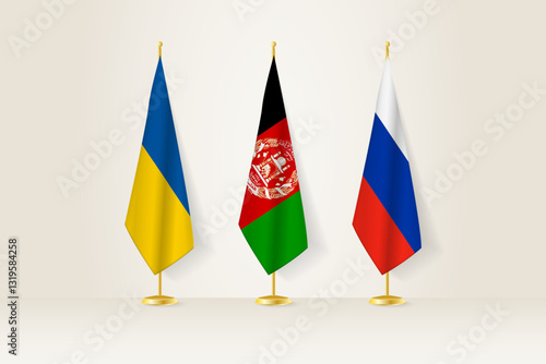 Diplomatic Meeting Representation, Ukraine, Afghanistan and Russia Flags. Flags on Diplomatic Stands.