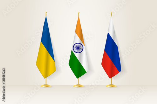 Diplomatic Meeting Representation, Ukraine, India and Russia Flags. Flags on Diplomatic Stands.