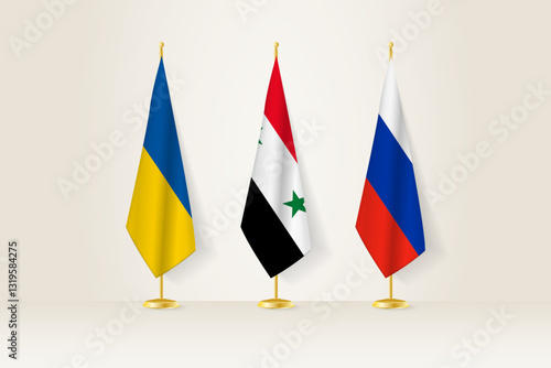 Diplomatic Meeting Representation, Ukraine, Syria and Russia Flags. Flags on Diplomatic Stands.