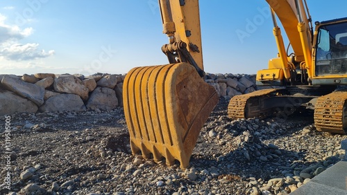 Yellow excavator among rocks at a work site