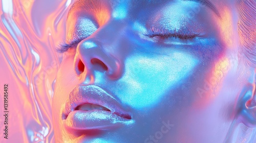 Holographic iridescent liquid pastel metal textured face