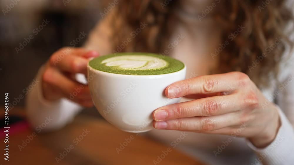Warm matcha latte featuring delicate milk art, ceramic cup nestled on wooden surface, feminine hand gently cradling beverage while drinking green tea in soft-lit cafe environment Warm matcha latte featuring delicate milk art, ceramic cup nestled on wooden surface, feminine hand gently cradling beverage while drinking green tea in soft-lit cafe environment