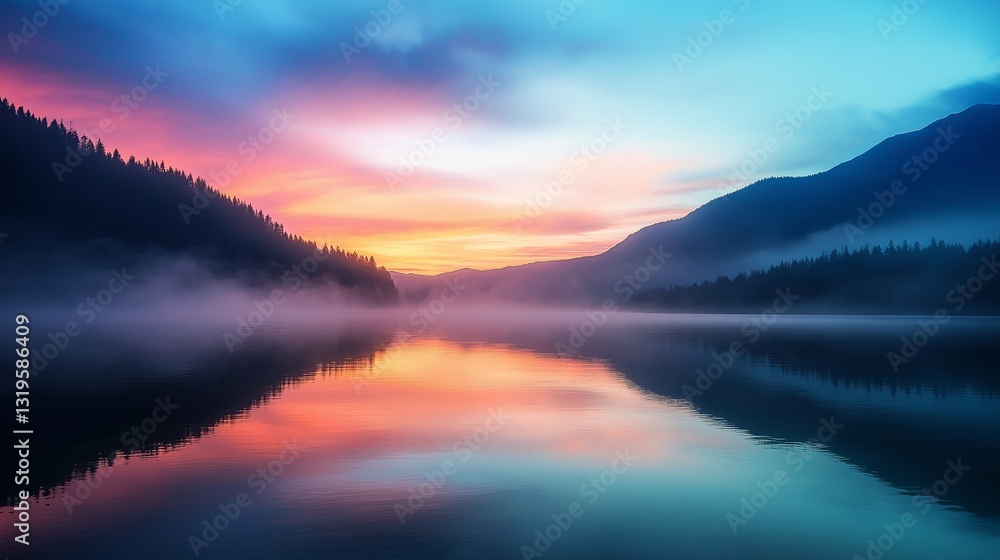 Fototapeta premium A serene mountain lake reflecting a vibrant sunrise, with mist gently rising