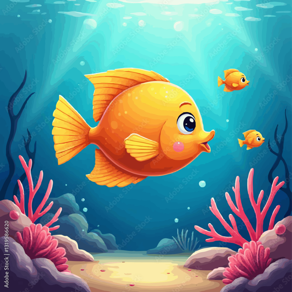 Fototapeta premium Vector drawing of cartoon tropical fish under water at coral reef. Underwater world of ocean. Algae, corals and sea anemones on seabed. Illustration for children notepad.
