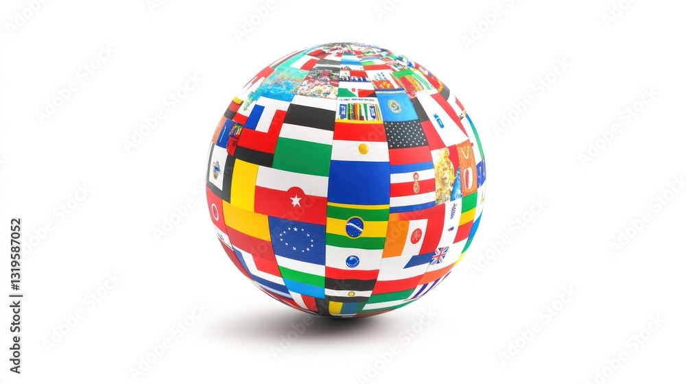 Flags of various nations form sphere on clear, bright background, symbolizing diversity and international cooperation