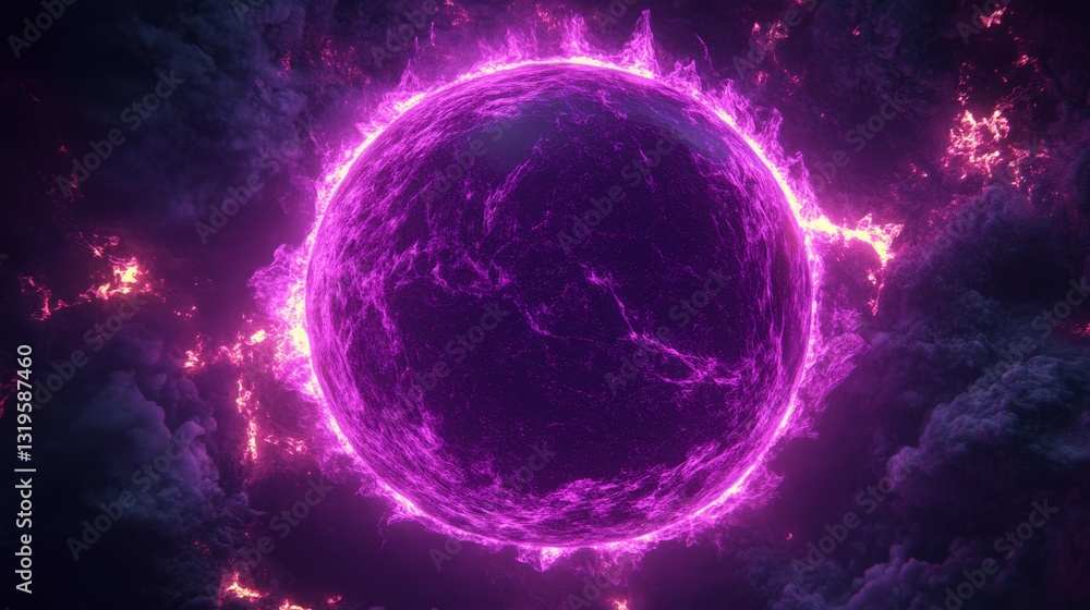 Obraz premium Fiery neon purple circle glowing on dark background