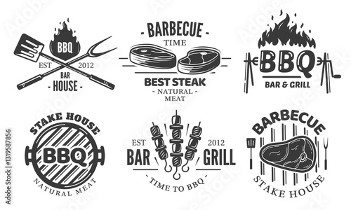 BBQ logo set isolated on white background. Grill labels vintage collections. Barbecue template with fire flame. Design elements bbq, grill, meat, kebab, fork, knife and spatula. Vector illustration