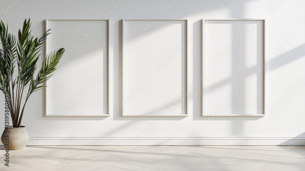 Three empty white frames on minimalist cozy background Three empty white frames on minimalist cozy background