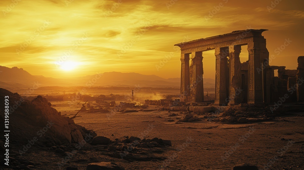 Naklejka premium Ancient ruins at sunrise in desert. Possible use Stock photo for travel, history, or inspirational themes