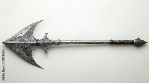 A sleek, silver halberd, its blade gleaming in the light, stands poised and menacing, its shaft adorned with intricate engravings. The halberd is sharply focused against a pristine white background,