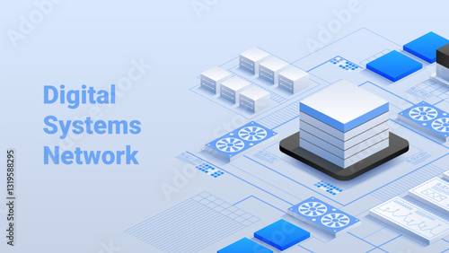 Isometric vector illustration of a Digital Systems Network. High-performance networking architecture with virtualized systems, automation and cybersecurity for efficient digital connectivity