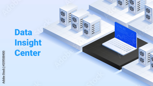 Data Insight Center. High-tech data center. In-depth data analysis. Comprehensive monitoring systems. Enhanced information management. Vector isometric illustration