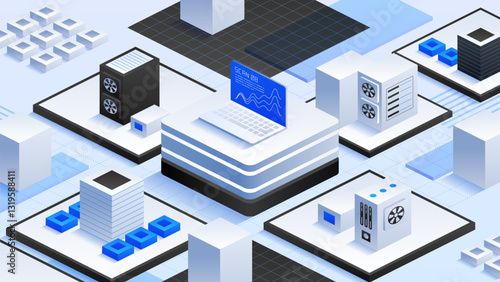 Digital illustration of a futuristic data center with servers, cooling systems, and a laptop displaying a scan. Modern technology, data processing, and network infrastructure.