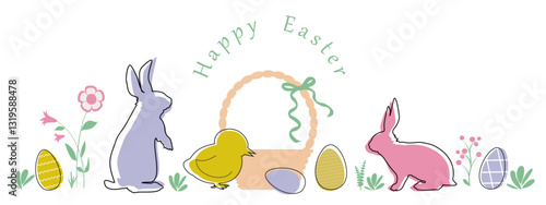 Happy Easter. Banner with little animals for easter design on white background. Vector illustration.	
