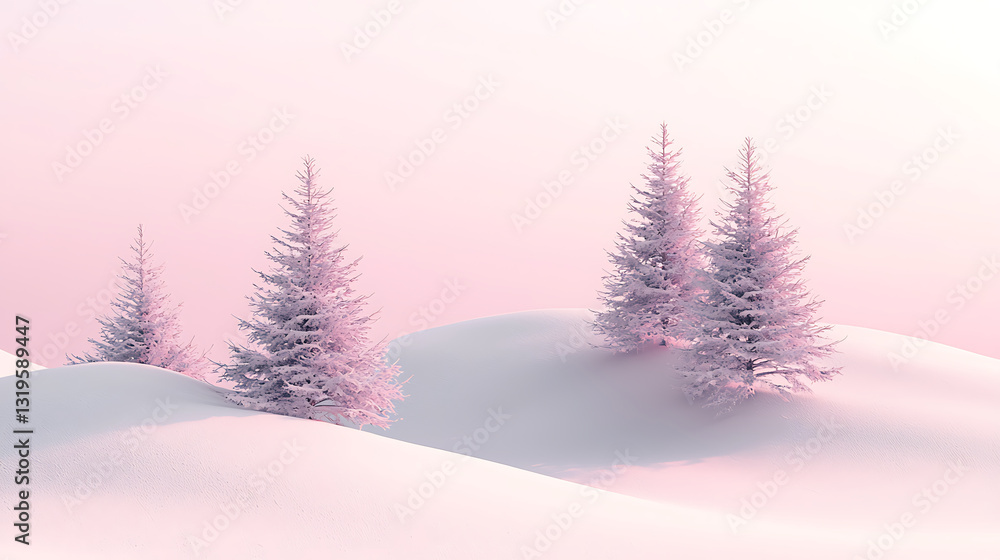 Fototapeta premium Snowy hills softly lit by a pastel pink sky dotted with evergreen trees dusted with snow.