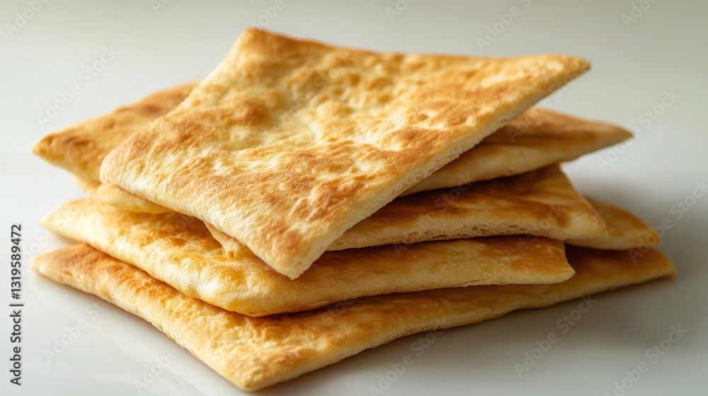 A stack of golden pita bread, triangles cut with precision, rests invitingly on a clear, transparent backdrop, ready to be filled with flavorful dips. The crisp texture and warm color evoke a sense A stack of golden pita bread, triangles cut with precision, rests invitingly on a clear, transparent backdrop, ready to be filled with flavorful dips. The crisp texture and warm color evoke a sense