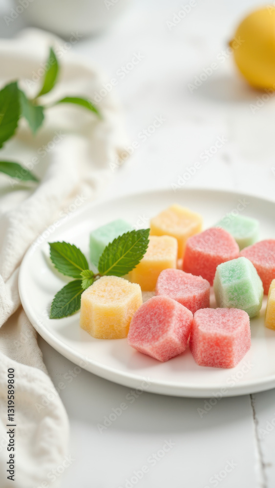A plate with colorful dye-free candies against a blurred kitchen background. A plate with colorful dye-free candies against a blurred kitchen background.
